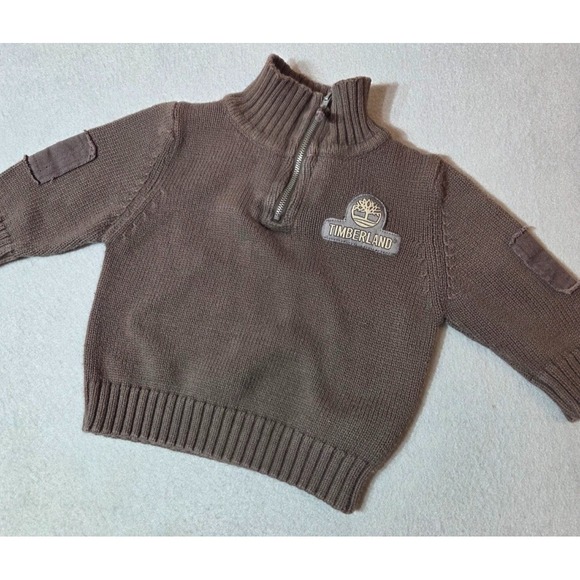 Timberland Baby Boys 12M Brown Knit Quarter Zip Sweater Logo Patch Elbow Details - Picture 2 of 6